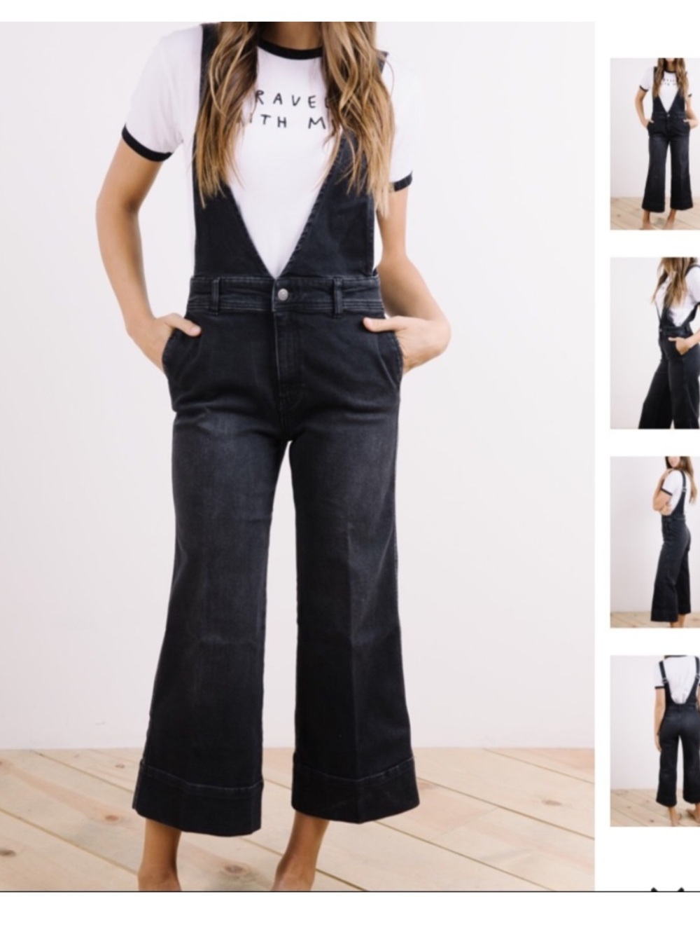 Free People Wide Leg A Line Deep V neck style Black Denim Jean Overalls size 4